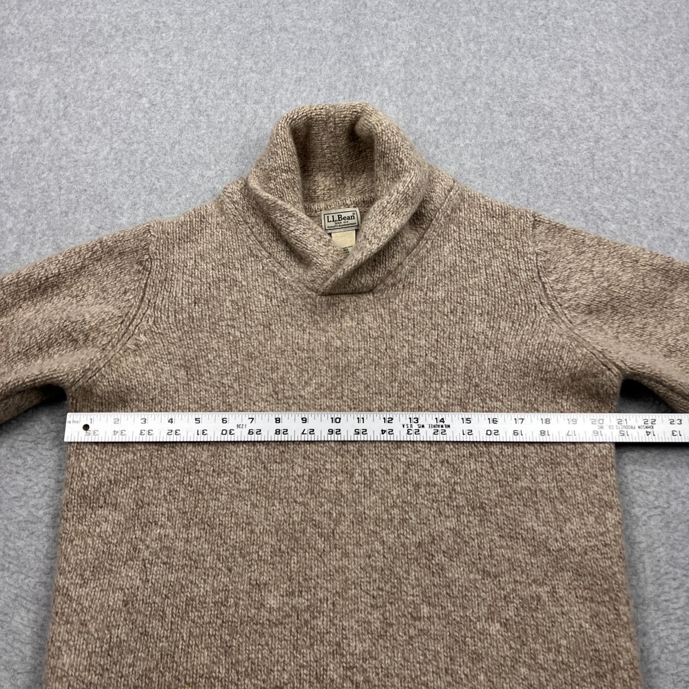 LL Bean Sweater Mens Large Beige 100% Lambswool Shawl Neck Elbow Patch Pullover - Picture 5 of 10